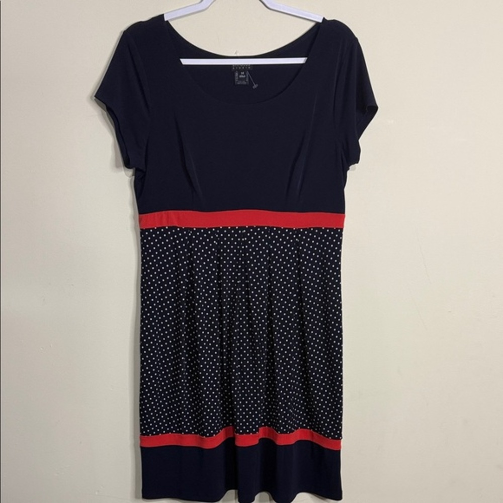 Enfocus Studio Navy and Red Polka Dot Midi Dress